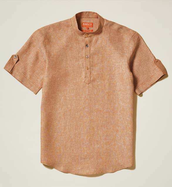 Inserch Premium Linen Short Sleeve Banded Collar Pop Over Shirt SS731-42 Camel