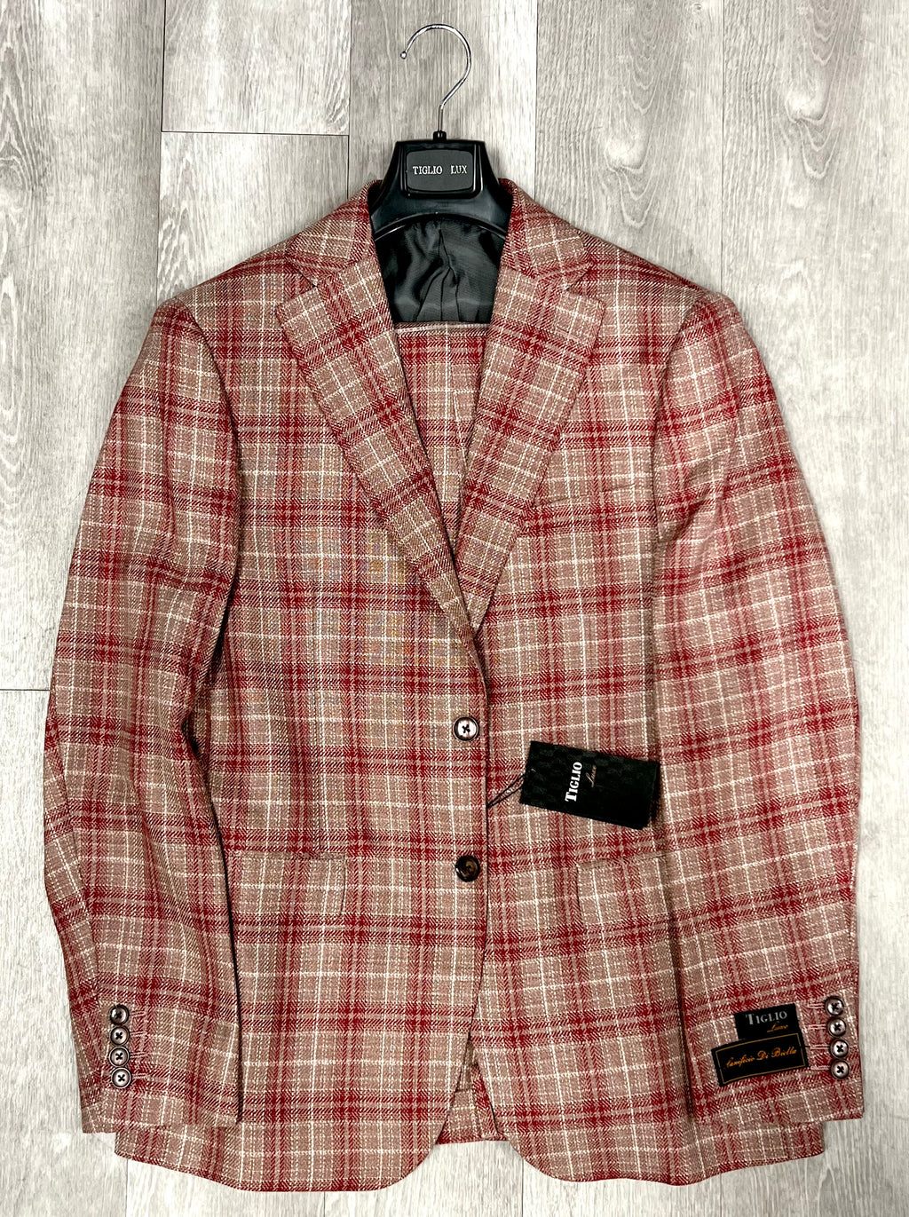 Tiglio Luxe Camel Red with Windowpane Dolcetto Modern Fit, Pure Wool Suit TL4257