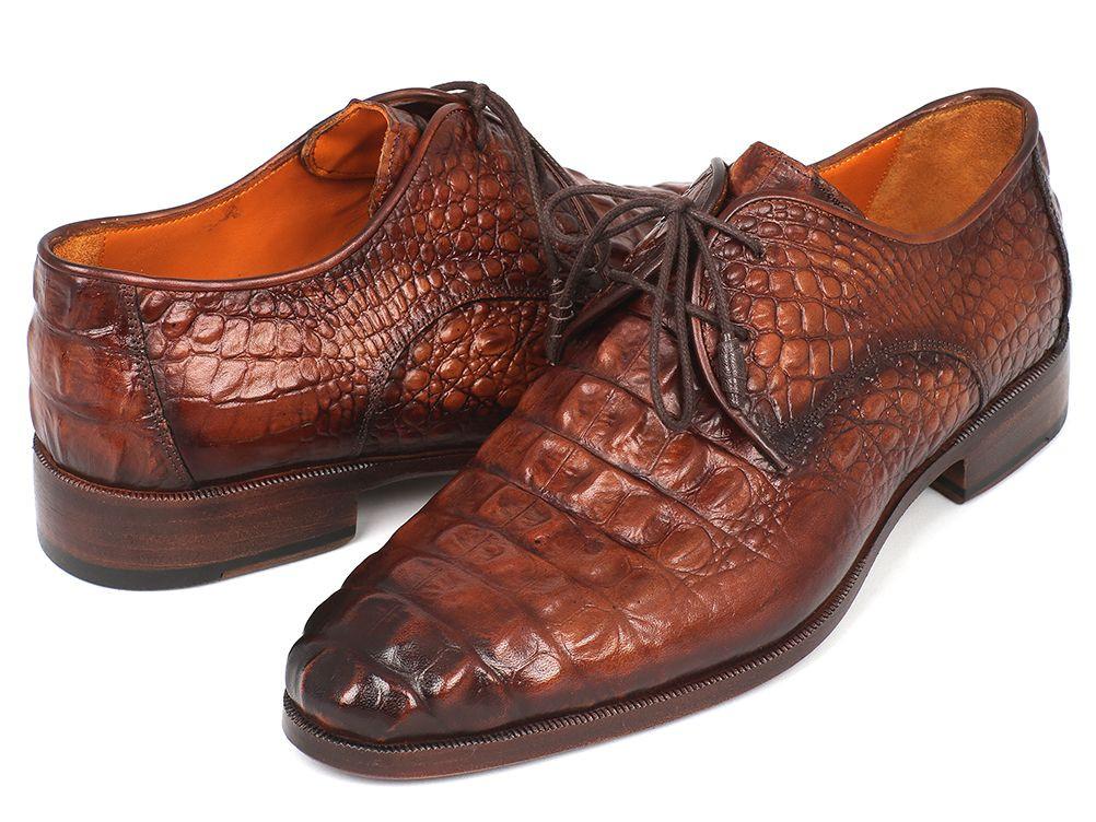Paul Parkman Light Brown Crocodile Embossed Calfskin Derby Shoes - 1438TAB