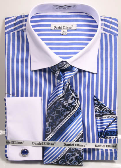 Daniel Ellissa Stripe Pattern French Cuff Dress Shirt DS3787P2 Blue