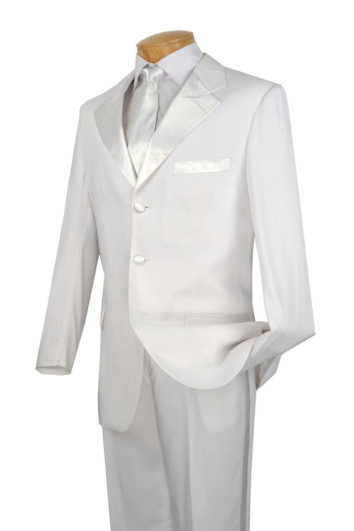 The Vinci Suits' white two-piece tuxedo, model T-3HT, is elegantly showcased on a mannequin, featuring a satin tie and made from wrinkle-resistant micro-fiber for a sharp, polished look.