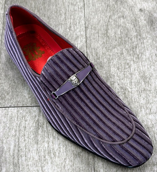 The Exclusive Formal Dress Shoe Purple 6946 from UNIQUE DESIGN MENSWEAR is a genuine leather loafer adorned with a silver buckle and red interior, elegantly showcased on a gray wooden floor.