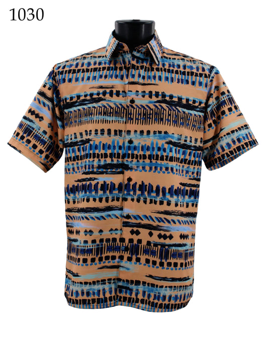 Displayed on a stand, the Bassiri Short Sleeve Shirt 1030 features a regular fit and short sleeves with a geometric pattern in blue, black, and beige. The code "1030" is positioned in the top left corner.