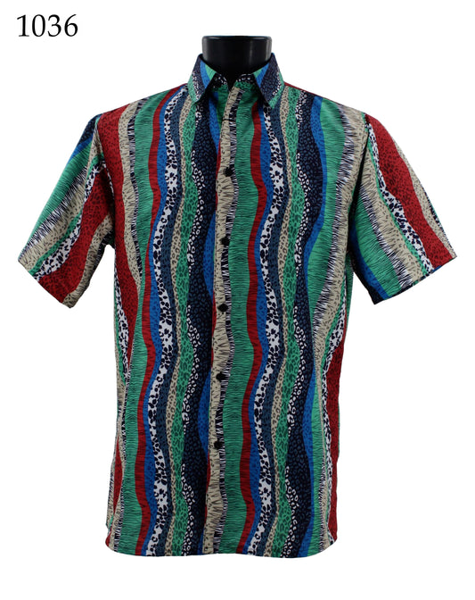 The Bassiri Short Sleeve Shirt 1036 by Bassiri offers a regular fit with vibrant vertical stripes in red, green, blue, and animal print patterns.