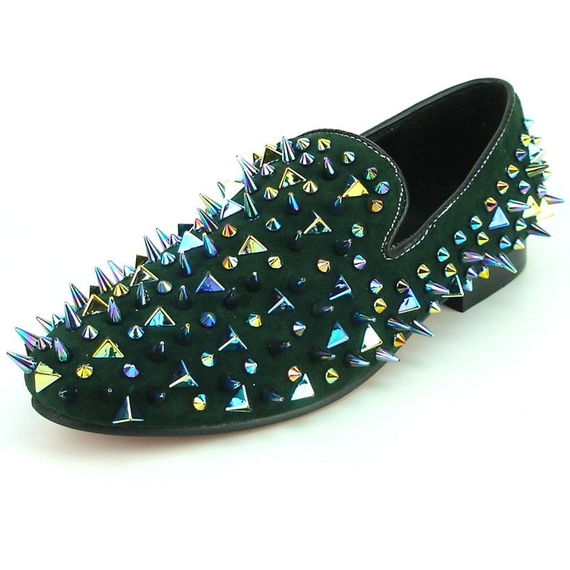 A single green shoe with a luxurious suede finish features multicolored, iridescent spikes and studs adorning the top and sides, presented beautifully on a plain white background. This stunning piece is crafted by Fiesso, known for their Fiesso by Aurelio Garcia line.