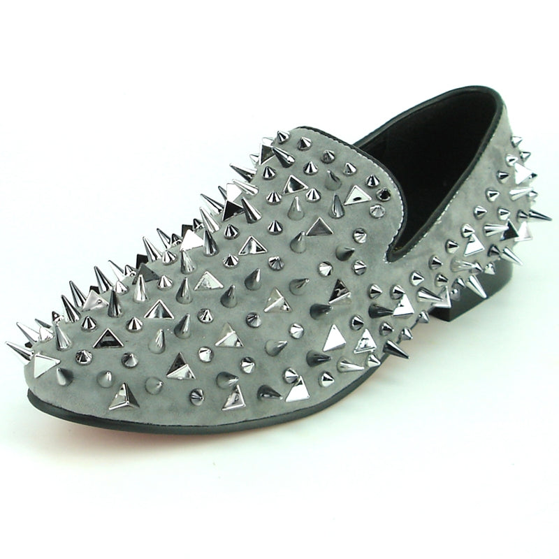 The FI-7239-S Grey Suede Silver Spikes Fiesso by Aurelio Garcia shoe from Fiesso features an array of silver and multicolor spikes and studs embellishing its surface, paired with a sleek black sole.