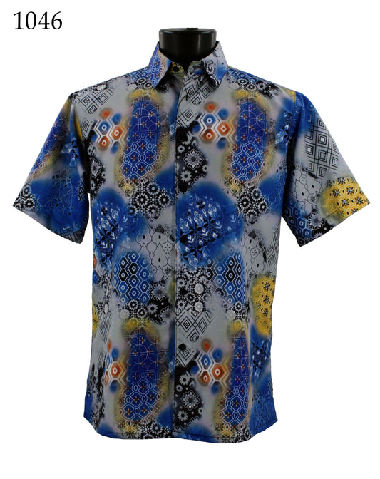 The Bassiri Short Sleeve Shirt 1046 by Bassiri is a regular-fit, short-sleeve button-up shirt that showcases a vibrant abstract geometric pattern in blue, yellow, and black tones, adding a bold touch to any wardrobe.