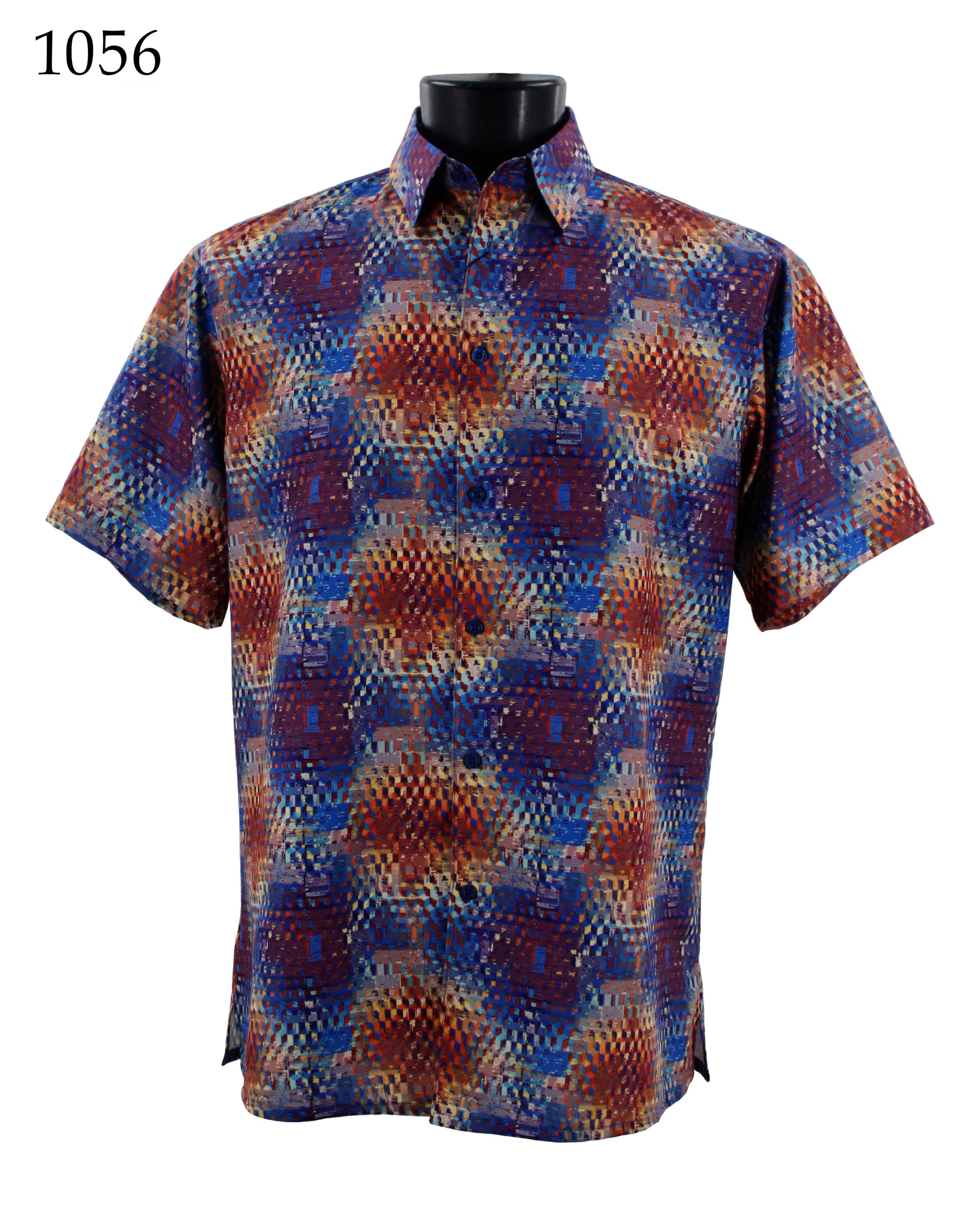 The Bassiri Short Sleeve Shirt 1056 by Bassiri is a regular fit button-up featuring a geometric pattern in red, blue, and beige tones.