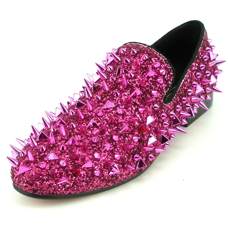 This pink slip-on, the FI-7239 Rose Glitter Rose Spikes by Fiesso, features a suede upper accented with dazzling shiny spikes and a glittery finish.