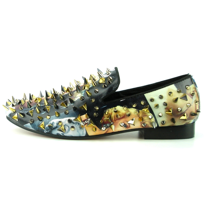 Introducing the FI-7239 Marilyn, a striking black fashion shoe from Fiesso by Aurelio Garcia, featuring an eye-catching collage design with dazzling gold and silver spikes that make a bold statement.