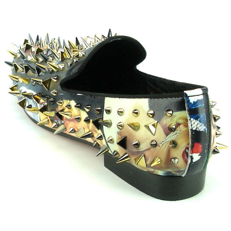 Introducing the FI-7239 Marilyn, a striking black fashion shoe from Fiesso by Aurelio Garcia, featuring an eye-catching collage design with dazzling gold and silver spikes that make a bold statement.