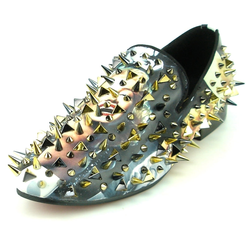 Introducing the FI-7239 Marilyn, a striking black fashion shoe from Fiesso by Aurelio Garcia, featuring an eye-catching collage design with dazzling gold and silver spikes that make a bold statement.