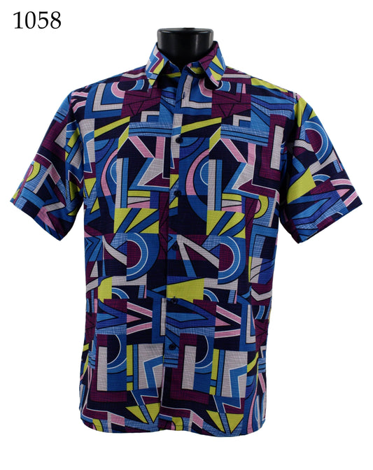 The Bassiri Short Sleeve Shirt 1058, featuring a colorful geometric pattern and available in a regular fit, is elegantly displayed on a black mannequin with the number 1058 in the top left corner.