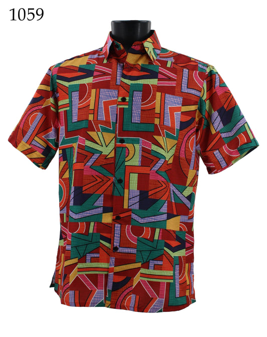 The Bassiri Short Sleeve Shirt 1059 is a regular fit shirt featuring a vibrant geometric pattern in shades of red, green, yellow, blue, and purple.