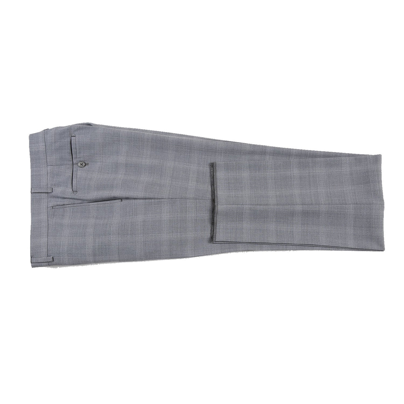 The ENGLISH LAUNDRY Light Gray Window Pane Check Wool Suit, model EL72-62-092 by English Laundry, is displayed on a mannequin with peak lapels, accompanied by a sharp white shirt and a vibrant orange patterned tie.