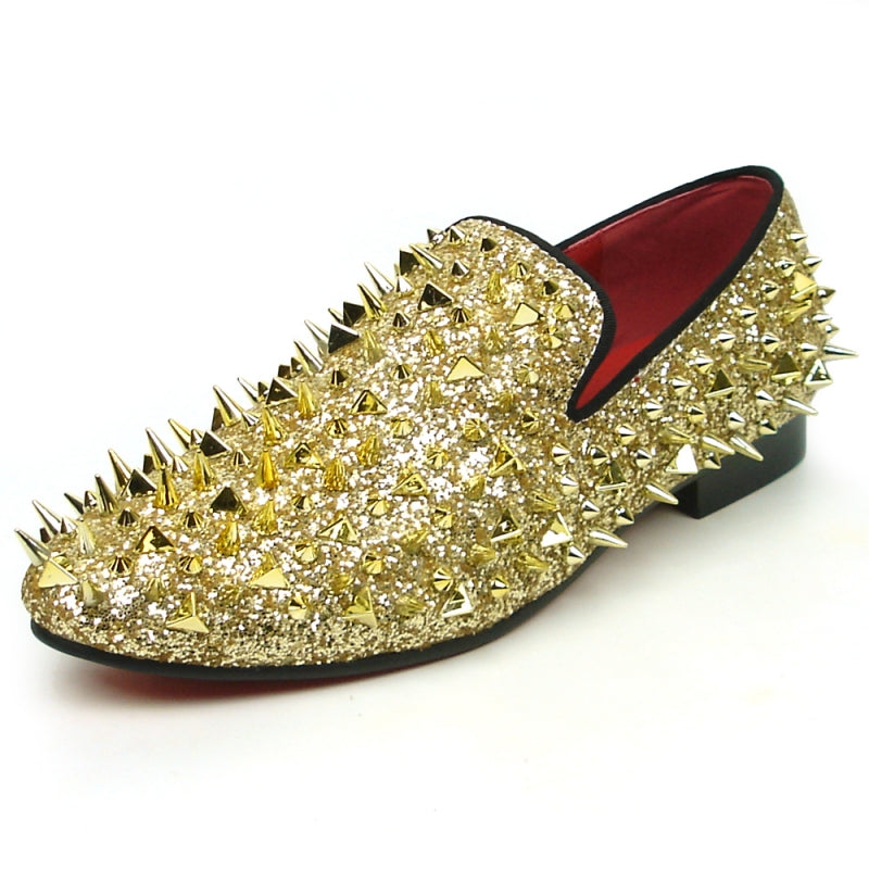 The FI-7239 Gold Glitter Gold Spikes by Fiesso showcases a suede upper embellished with dazzling gold glitter and an array of metallic spikes, combining edgy and glamorous elements for those who want to make a bold statement.