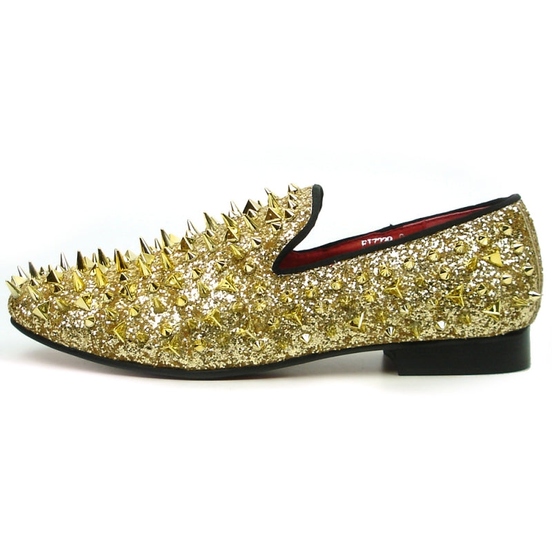 The FI-7239 Gold Glitter Gold Spikes by Fiesso showcases a suede upper embellished with dazzling gold glitter and an array of metallic spikes, combining edgy and glamorous elements for those who want to make a bold statement.