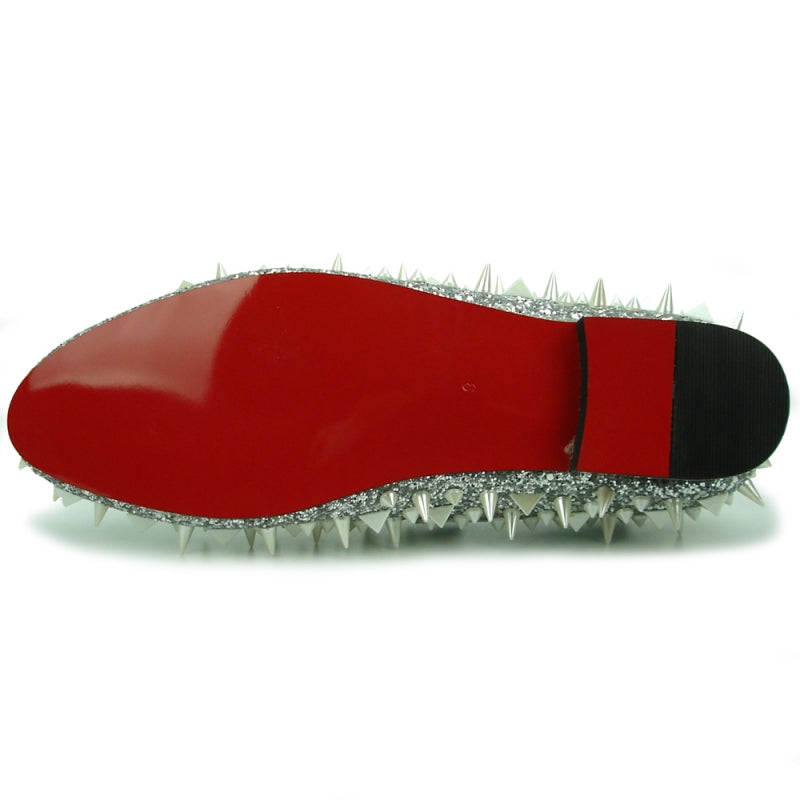 Introducing the FI-7239 Silver Glitter White Spikes Fiesso by Aurelio Garcia from the brand Fiesso: a stylish shoe embellished with spikes and studded pearls on a glittery silver surface, complete with a black sole, red interior lining, and a suede upper.