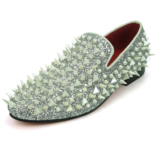 Introducing the FI-7239 Silver Glitter White Spikes Fiesso by Aurelio Garcia from the brand Fiesso: a stylish shoe embellished with spikes and studded pearls on a glittery silver surface, complete with a black sole, red interior lining, and a suede upper.