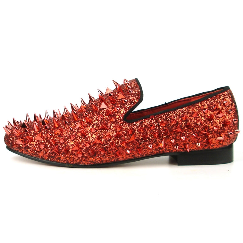 A fashion-forward red glitter shoe from Fiesso, the FI-7239 Red Glitter Red Spikes by Aurelio Garcia, is embellished with countless sharp gold spikes covering its entire leather surface.