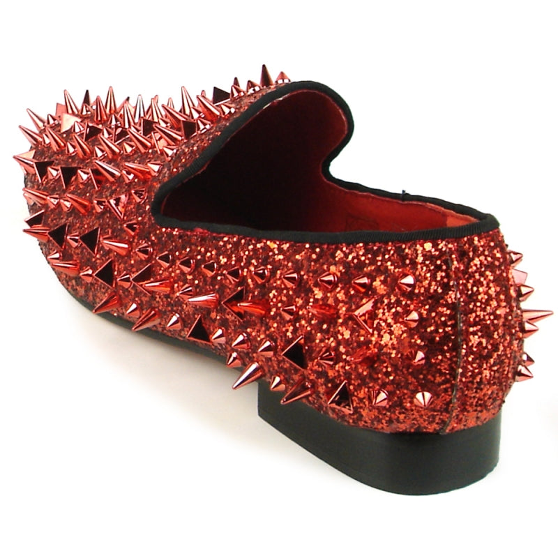 A fashion-forward red glitter shoe from Fiesso, the FI-7239 Red Glitter Red Spikes by Aurelio Garcia, is embellished with countless sharp gold spikes covering its entire leather surface.