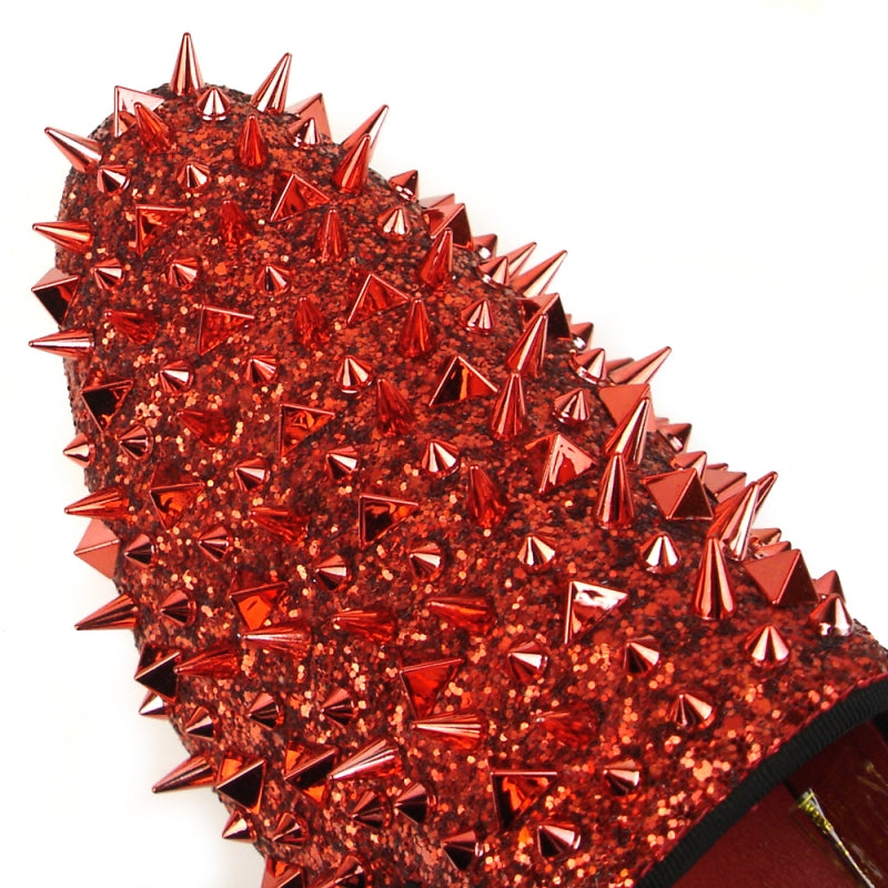 A fashion-forward red glitter shoe from Fiesso, the FI-7239 Red Glitter Red Spikes by Aurelio Garcia, is embellished with countless sharp gold spikes covering its entire leather surface.