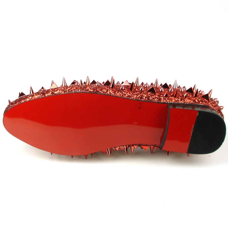 A fashion-forward red glitter shoe from Fiesso, the FI-7239 Red Glitter Red Spikes by Aurelio Garcia, is embellished with countless sharp gold spikes covering its entire leather surface.