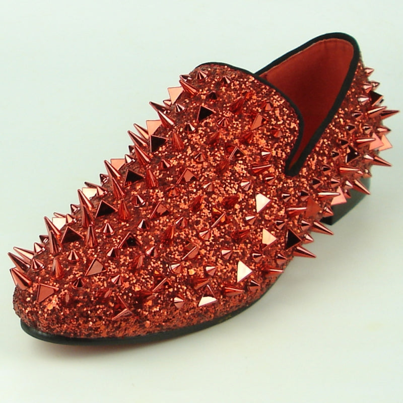 A fashion-forward red glitter shoe from Fiesso, the FI-7239 Red Glitter Red Spikes by Aurelio Garcia, is embellished with countless sharp gold spikes covering its entire leather surface.