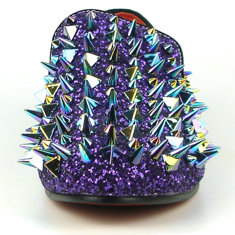 The FI-7239 Purple Glitter Purple Spikes shoe by Fiesso captivates with a striking purple glitter finish, vibrant metallic spikes in various colors, and a premium suede upper, beautifully displayed from the front.