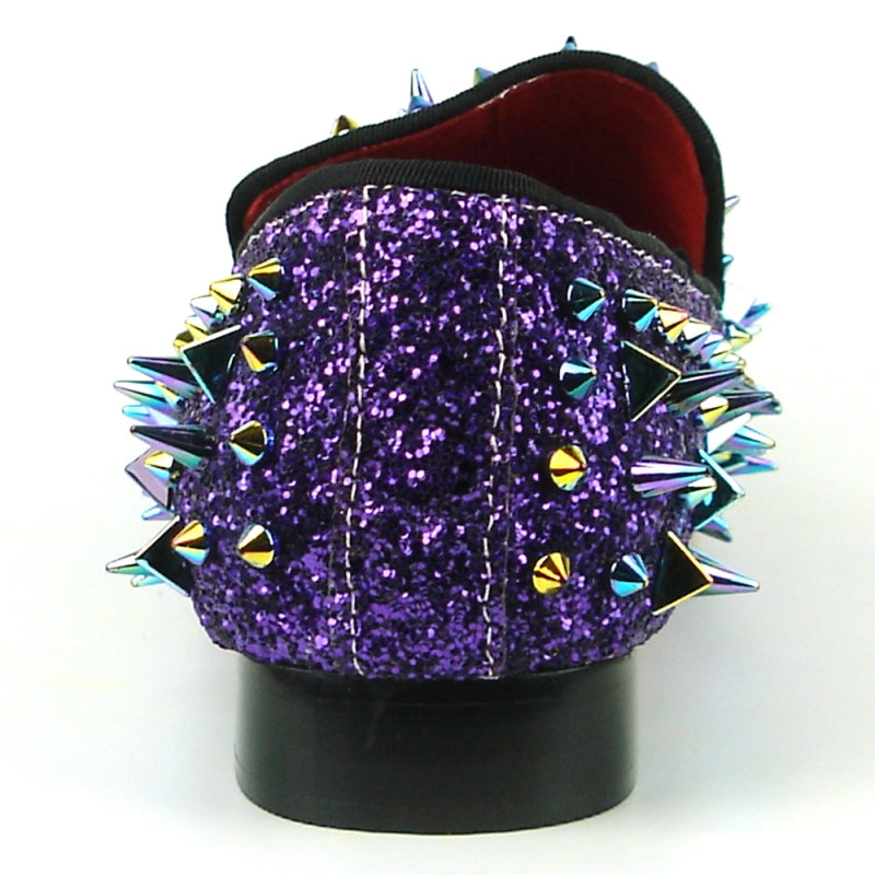 The FI-7239 Purple Glitter Purple Spikes shoe by Fiesso captivates with a striking purple glitter finish, vibrant metallic spikes in various colors, and a premium suede upper, beautifully displayed from the front.