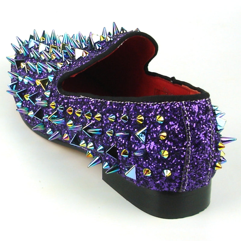 The FI-7239 Purple Glitter Purple Spikes shoe by Fiesso captivates with a striking purple glitter finish, vibrant metallic spikes in various colors, and a premium suede upper, beautifully displayed from the front.