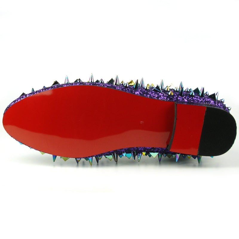 The FI-7239 Purple Glitter Purple Spikes shoe by Fiesso captivates with a striking purple glitter finish, vibrant metallic spikes in various colors, and a premium suede upper, beautifully displayed from the front.