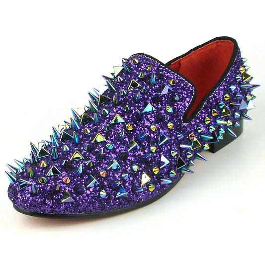 The FI-7239 Purple Glitter Purple Spikes shoe by Fiesso captivates with a striking purple glitter finish, vibrant metallic spikes in various colors, and a premium suede upper, beautifully displayed from the front.