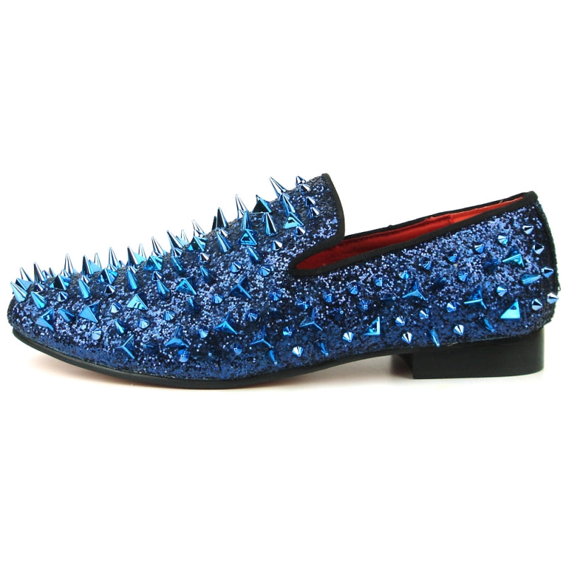 Introducing the FI-7239 Blue Glitter Blue Spikes by Fiesso, a statement-making fashion shoe featuring a suede upper adorned with dazzling blue glitter and striking metallic spikes.