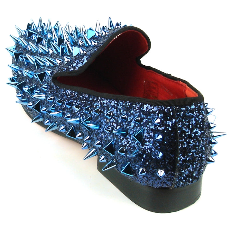 Introducing the FI-7239 Blue Glitter Blue Spikes by Fiesso, a statement-making fashion shoe featuring a suede upper adorned with dazzling blue glitter and striking metallic spikes.