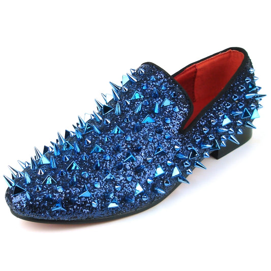 Introducing the FI-7239 Blue Glitter Blue Spikes by Fiesso, a statement-making fashion shoe featuring a suede upper adorned with dazzling blue glitter and striking metallic spikes.