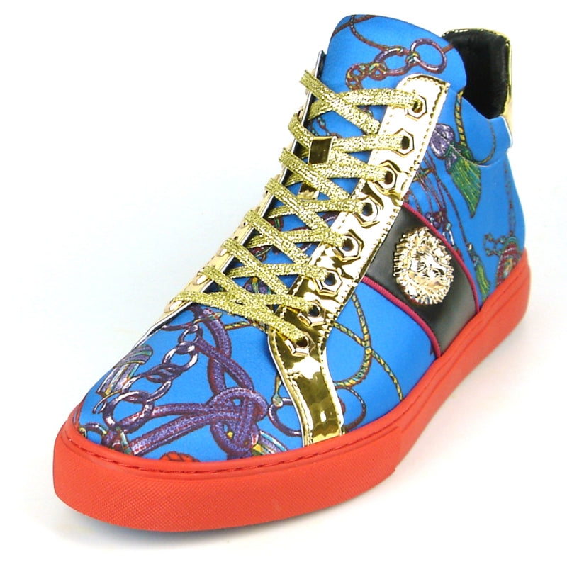 The FI-2385 Blue High Top Sneaker Encore by Fiesso showcases a vibrant blue patterned upper made from micro leather and a striking red sole. The gold accents and decorative emblem on the side enhance its stunning appeal.