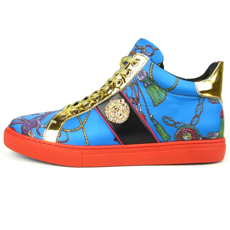 The FI-2385 Blue High Top Sneaker Encore by Fiesso showcases a vibrant blue patterned upper made from micro leather and a striking red sole. The gold accents and decorative emblem on the side enhance its stunning appeal.