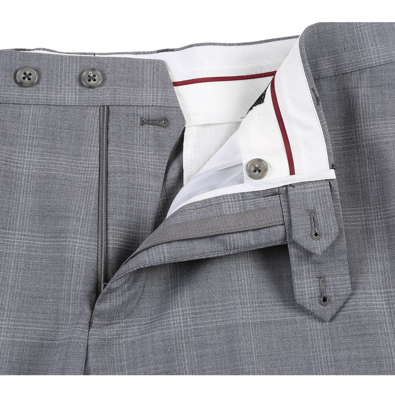 The ENGLISH LAUNDRY Light Gray Window Pane Check Wool Suit, model EL72-62-092 by English Laundry, is displayed on a mannequin with peak lapels, accompanied by a sharp white shirt and a vibrant orange patterned tie.