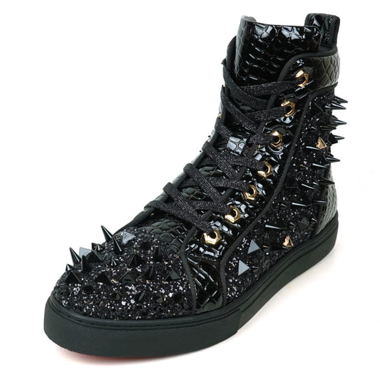 The FI-2369 Black Spikes High Top Sneakers from Fiesso feature a leather upper with glossy scales, shiny black spikes, and a side zipper on a white background.