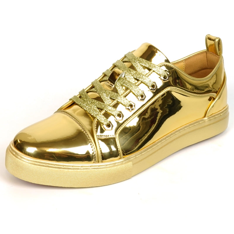 The FI-2415-2 Gold Patent Lace up Low Cut Leather Sneaker by Fiesso, viewed from above, showcases matching gold laces and a cushioned insole designed for maximum comfort.