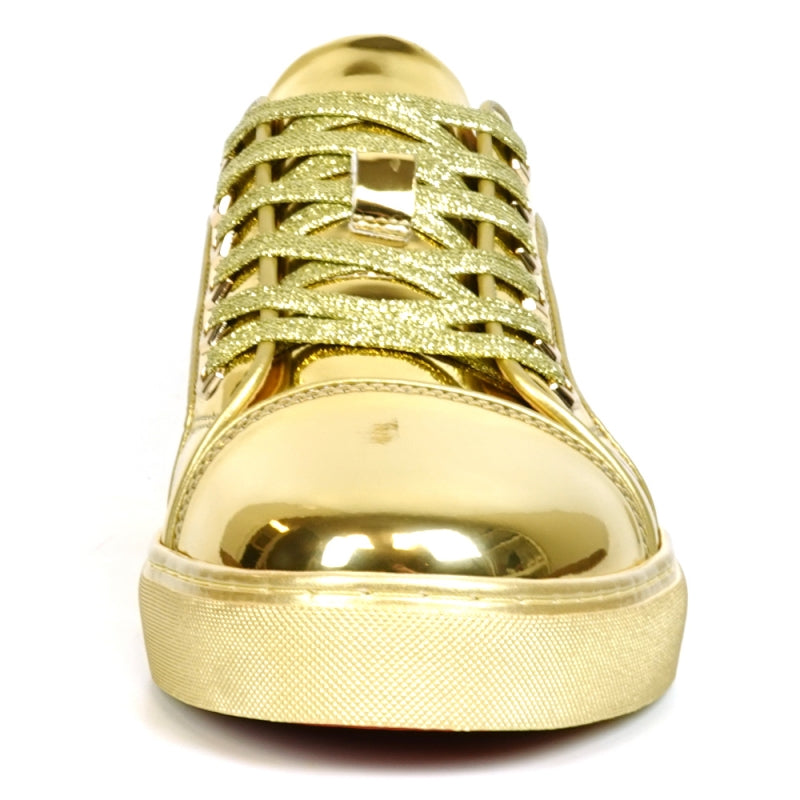 The FI-2415-2 Gold Patent Lace up Low Cut Leather Sneaker by Fiesso, viewed from above, showcases matching gold laces and a cushioned insole designed for maximum comfort.