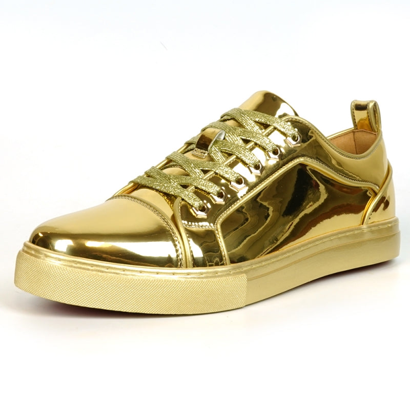 The FI-2415-2 Gold Patent Lace up Low Cut Leather Sneaker by Fiesso, viewed from above, showcases matching gold laces and a cushioned insole designed for maximum comfort.