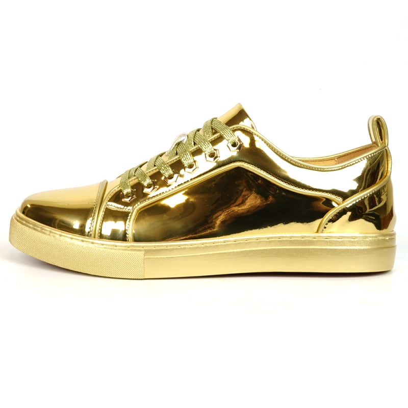 The FI-2415-2 Gold Patent Lace up Low Cut Leather Sneaker by Fiesso, viewed from above, showcases matching gold laces and a cushioned insole designed for maximum comfort.