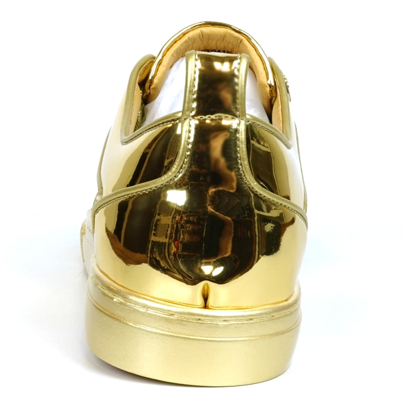 The FI-2415-2 Gold Patent Lace up Low Cut Leather Sneaker by Fiesso, viewed from above, showcases matching gold laces and a cushioned insole designed for maximum comfort.