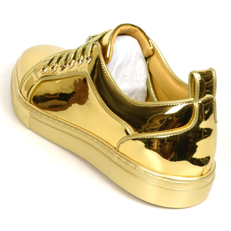 The FI-2415-2 Gold Patent Lace up Low Cut Leather Sneaker by Fiesso, viewed from above, showcases matching gold laces and a cushioned insole designed for maximum comfort.