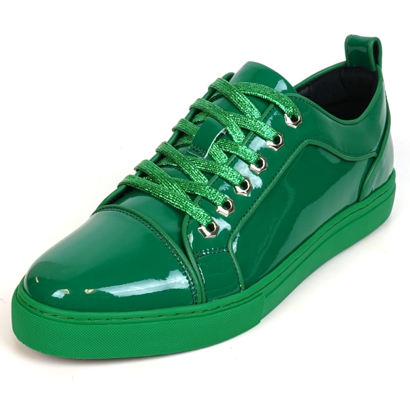 The FI-2415-2 Forest Green Patent Lace up Low Cut Leather Sneaker from Fiesso features a leather upper, shiny green laces, and metallic eyelets. Shown from an angled top view, this stylish sneaker offers both comfort and flair for casual wear.