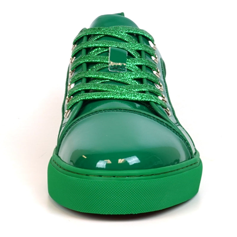 The FI-2415-2 Forest Green Patent Lace up Low Cut Leather Sneaker from Fiesso features a leather upper, shiny green laces, and metallic eyelets. Shown from an angled top view, this stylish sneaker offers both comfort and flair for casual wear.