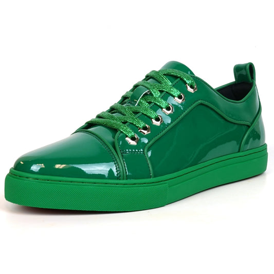 The FI-2415-2 Forest Green Patent Lace up Low Cut Leather Sneaker from Fiesso features a leather upper, shiny green laces, and metallic eyelets. Shown from an angled top view, this stylish sneaker offers both comfort and flair for casual wear.