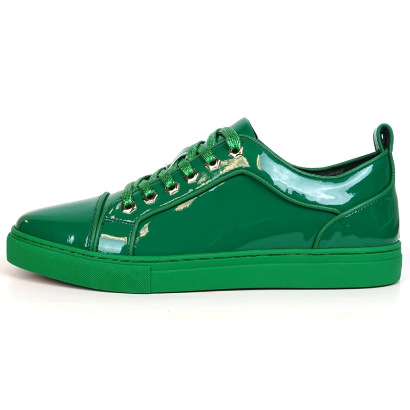 The FI-2415-2 Forest Green Patent Lace up Low Cut Leather Sneaker from Fiesso features a leather upper, shiny green laces, and metallic eyelets. Shown from an angled top view, this stylish sneaker offers both comfort and flair for casual wear.